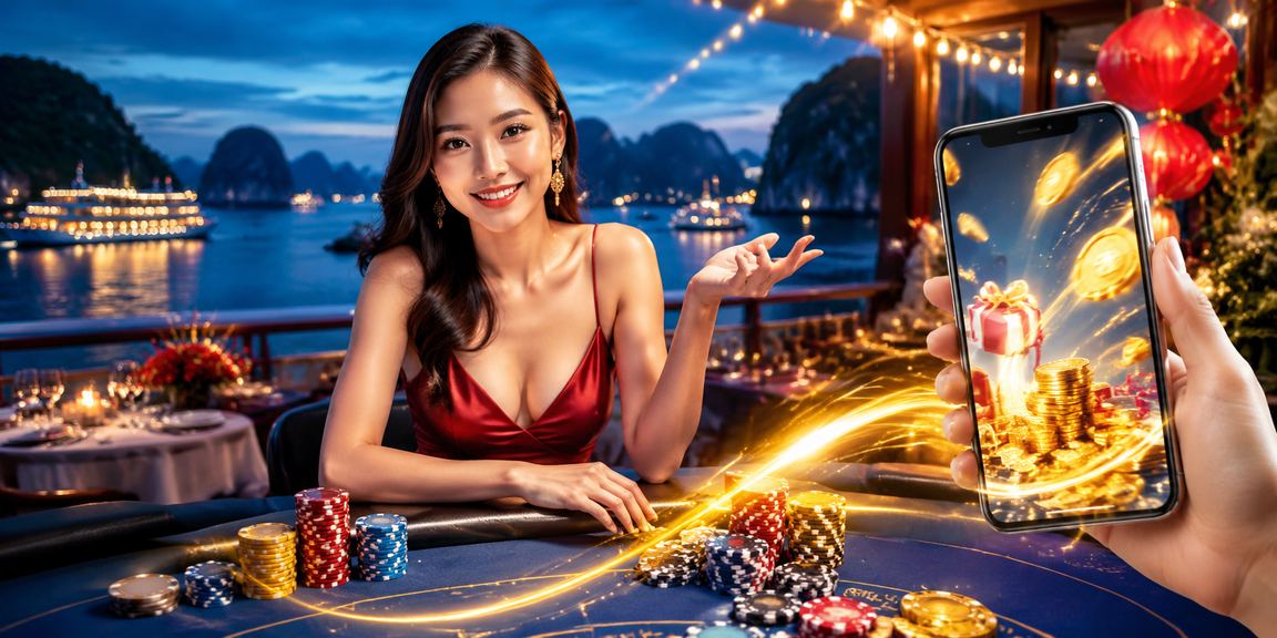 Bối cảnh vịnh Hạ Long với người dùng kiểm tra thông tin hoàn tiền và bonus qua điện thoại